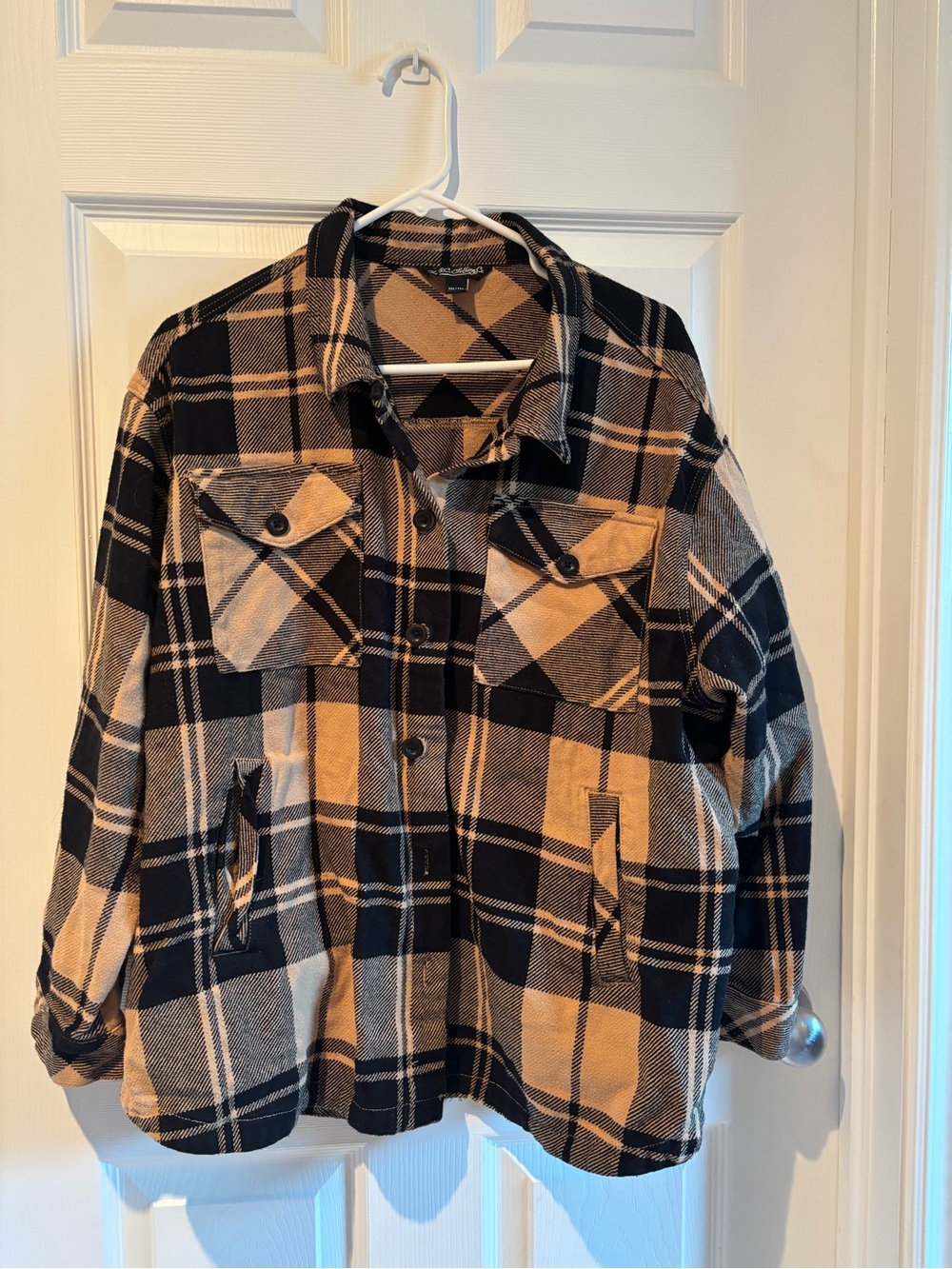 Plaid Button-Front Shacket (Shirt Jacket) in Black and Tan